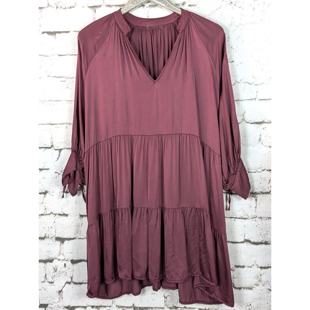 MEO MELI Lagenlook Italy Tiered Tunic Dress Pockets Boho Cottage Shiny Satin S/M